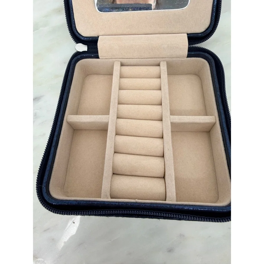 Metallic Navy Blue Travel Jewelry Case Organizer Mirror Square Zip Small